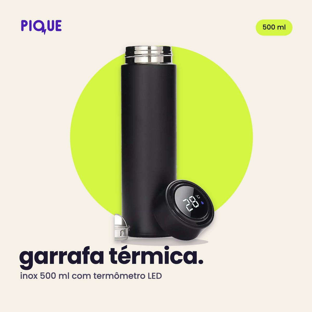 Garrafa térmica inox preta 500 ml com termômetro LED na tampa, foto real