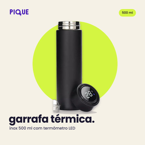 Garrafa térmica inox preta 500 ml com termômetro LED na tampa, foto real