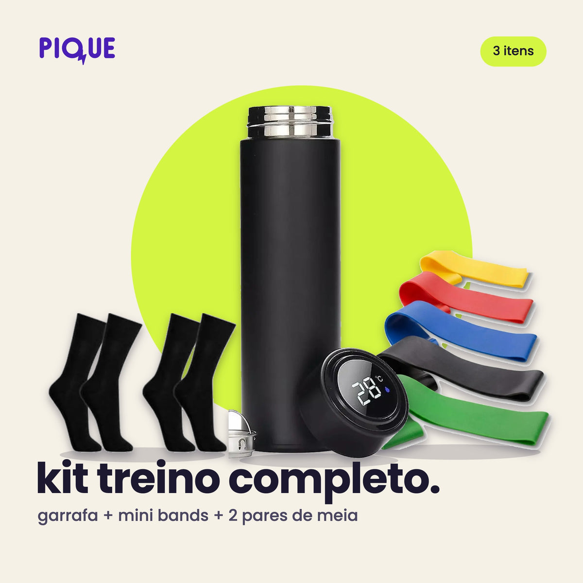 Kit Treino Completo: garrafa térmica, mini bands e 2 pares de meias pretas