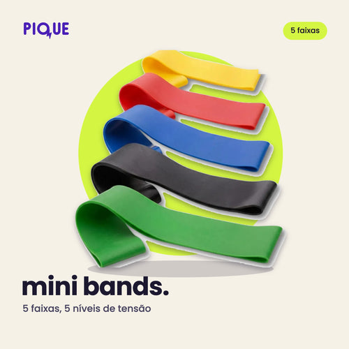 Cinco mini bands nas cores amarelo, vermelho, azul, preto e verde, foto real